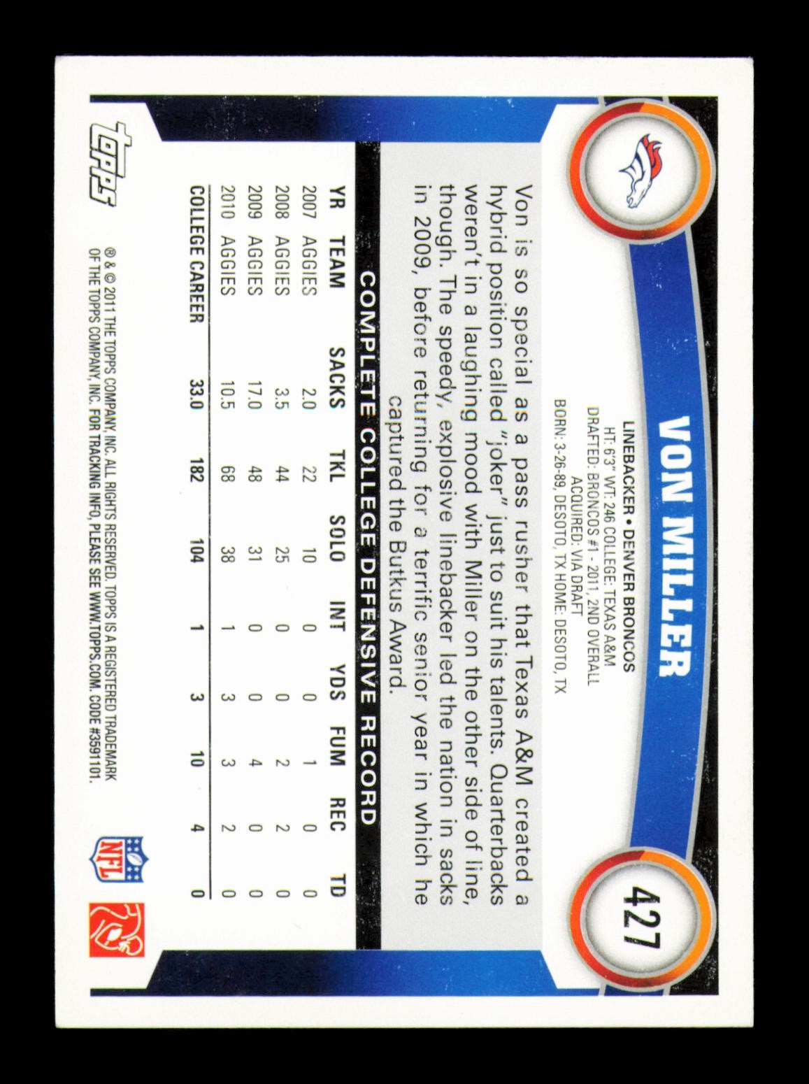 2011 Topps Rookie – Von Miller #427 Catching Ball (RC) Denver Broncos NM