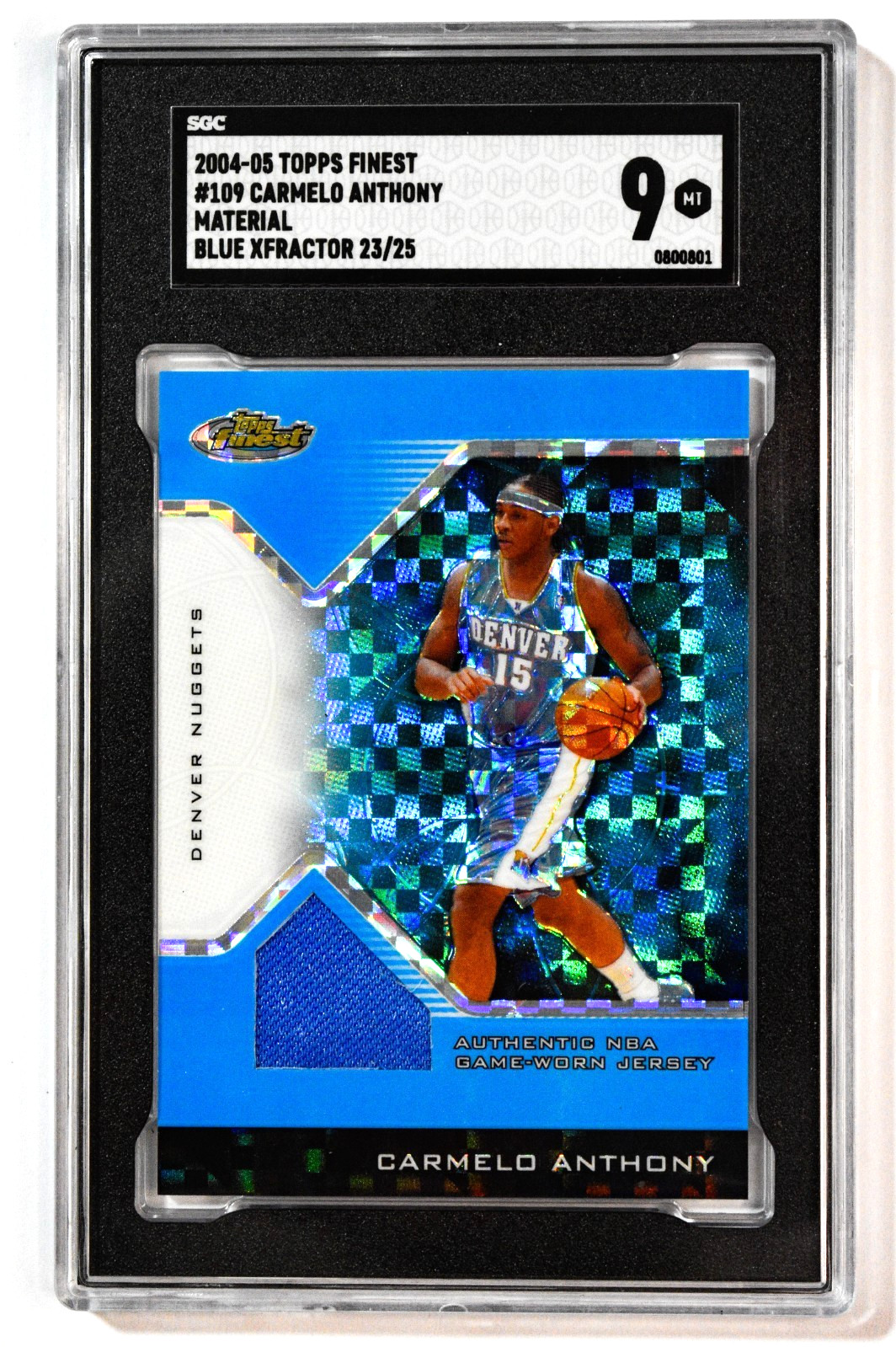 2004-05 Topps Finest #109 Carmelo Anthony Blue Xfractor /25 Game Jersey SGC 9